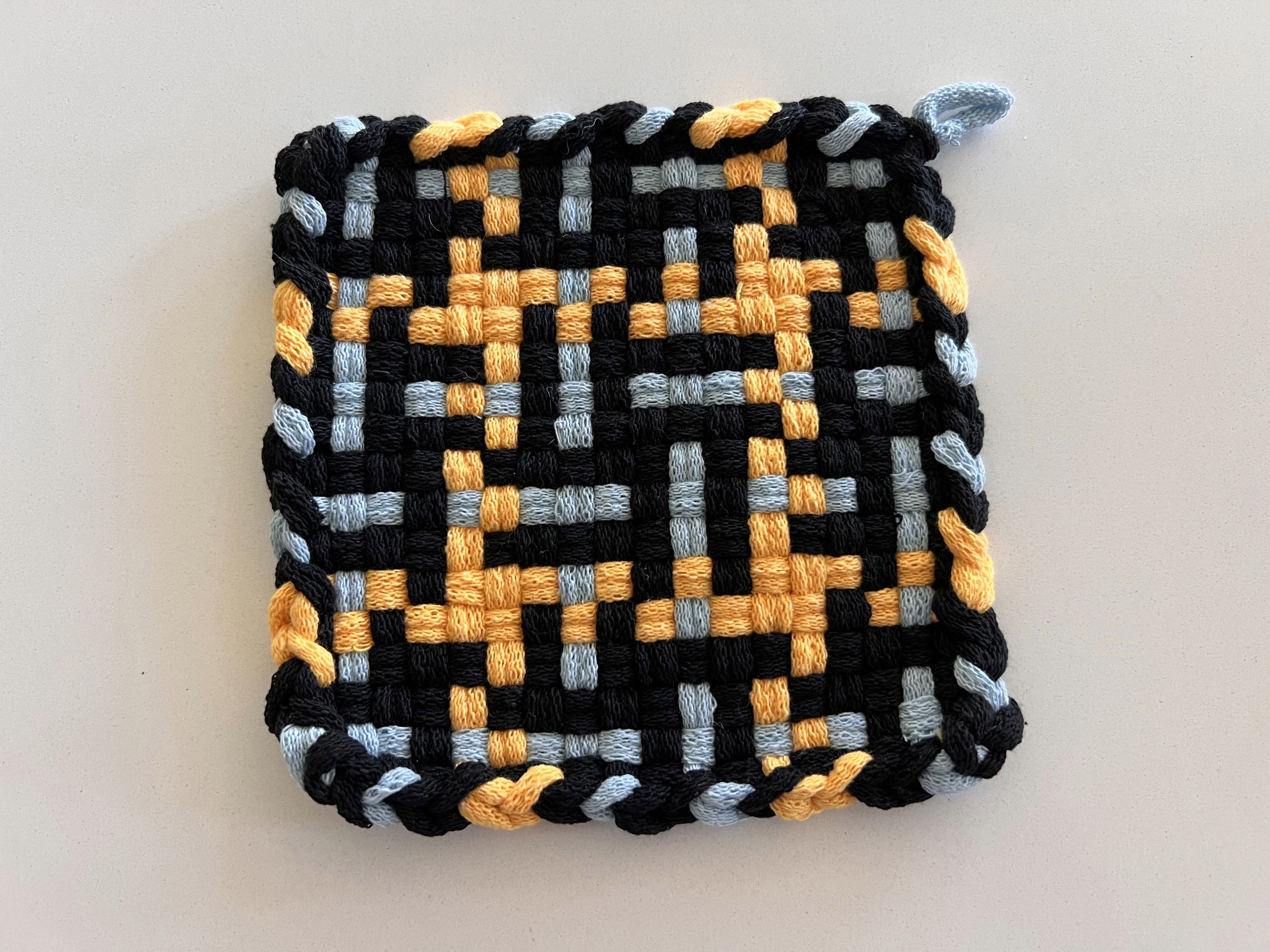 Handmade Loom Potholder – Black, Light Blue & Amber Yellow