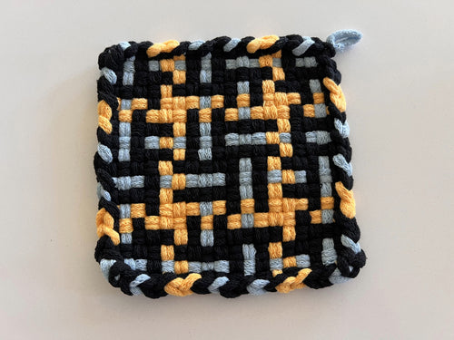 Handmade Loom Potholder – Black, Light Blue & Amber Yellow