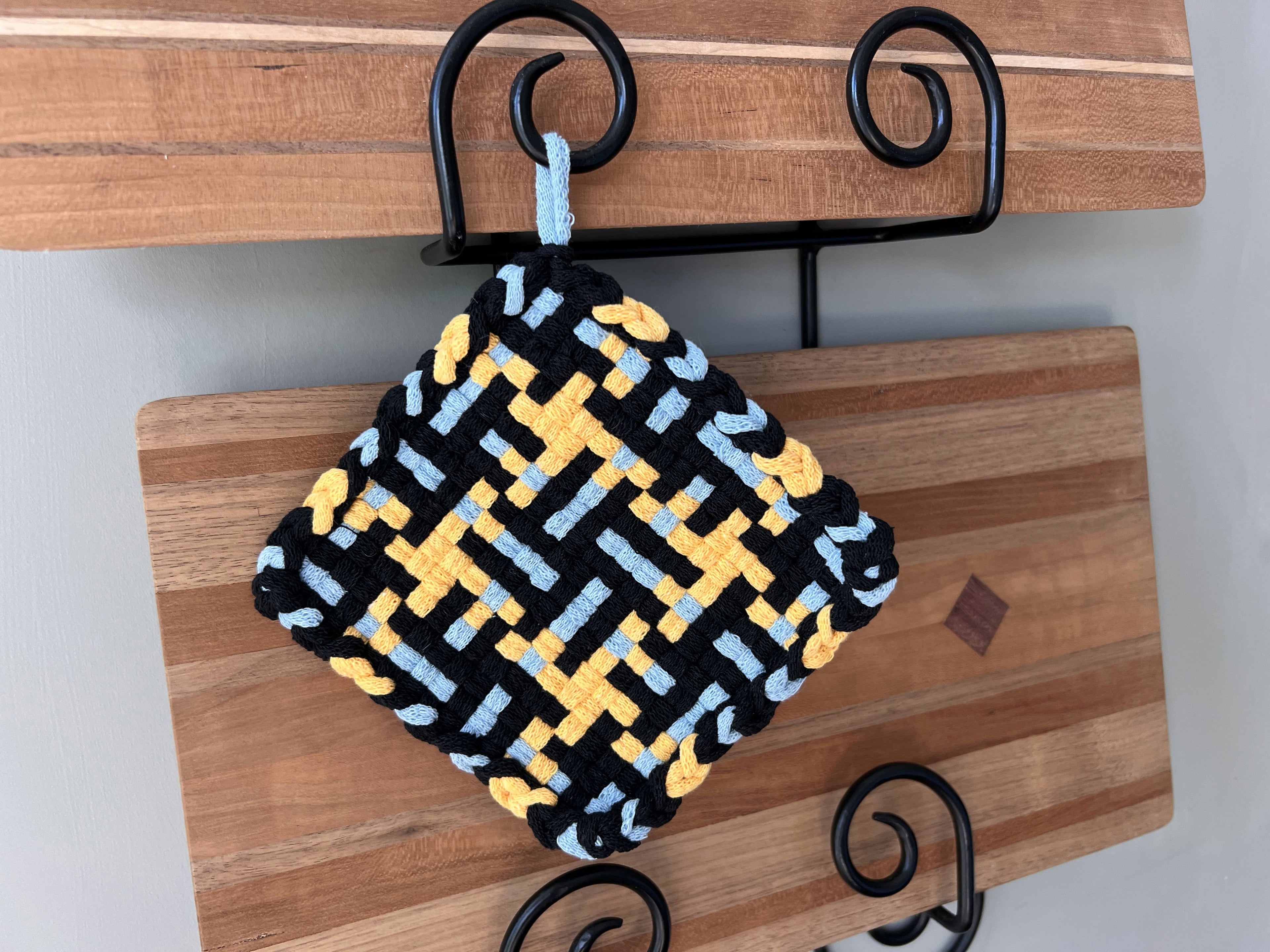 Handmade Loom Potholder – Black, Light Blue & Amber Yellow
