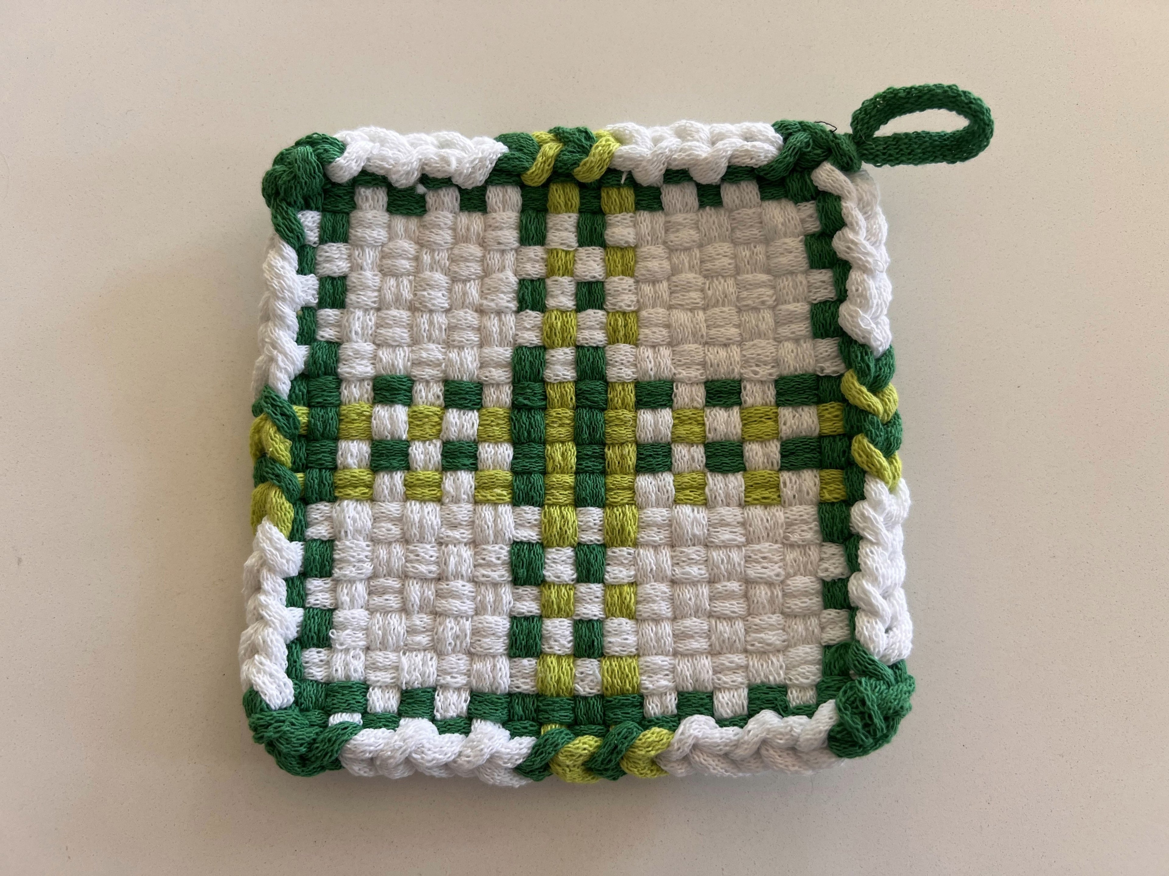 Handmade Loom Potholder – White with Forest Green & Lime Gree Accents