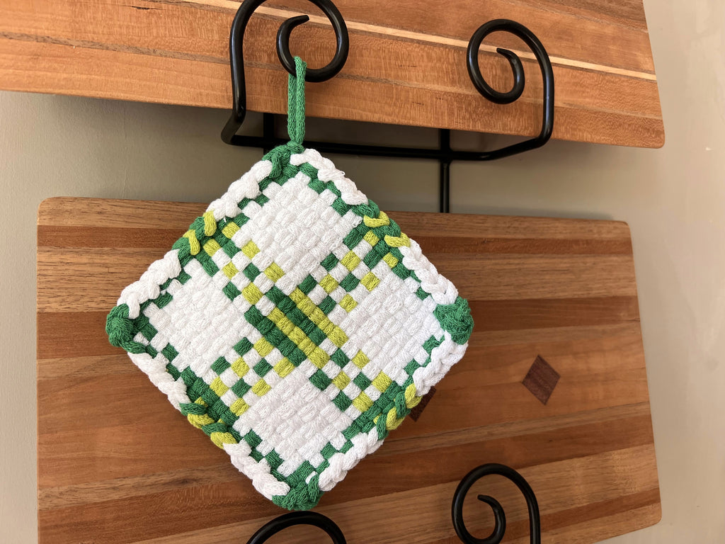Handmade Loom Potholder – White with Forest Green & Lime Gree Accents