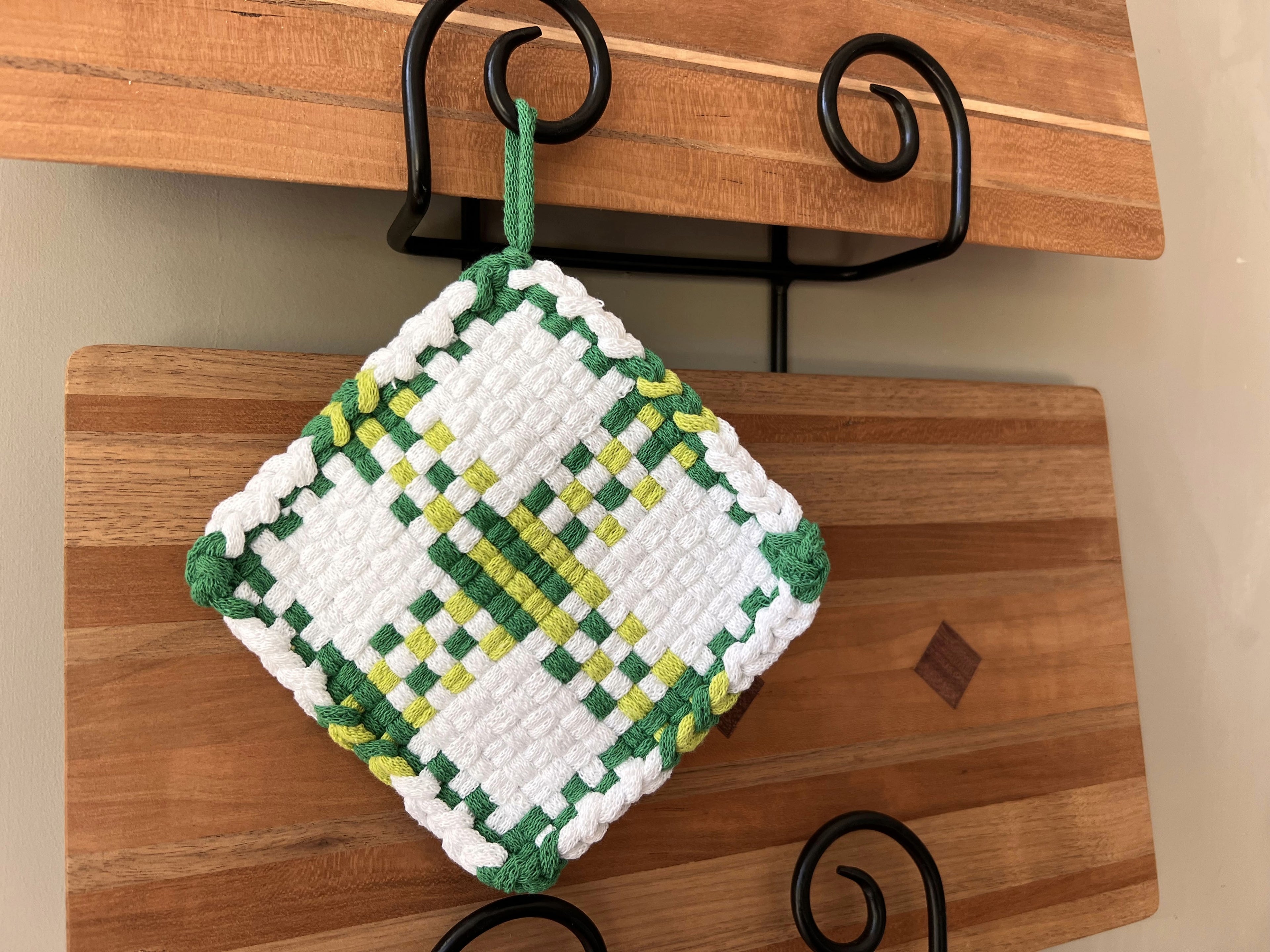 Handmade Loom Potholder – White with Forest Green & Lime Gree Accents