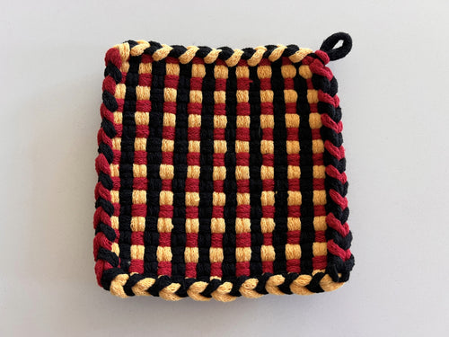 Handmade Loom Potholder – Bold Black with Red & Yellow Accents