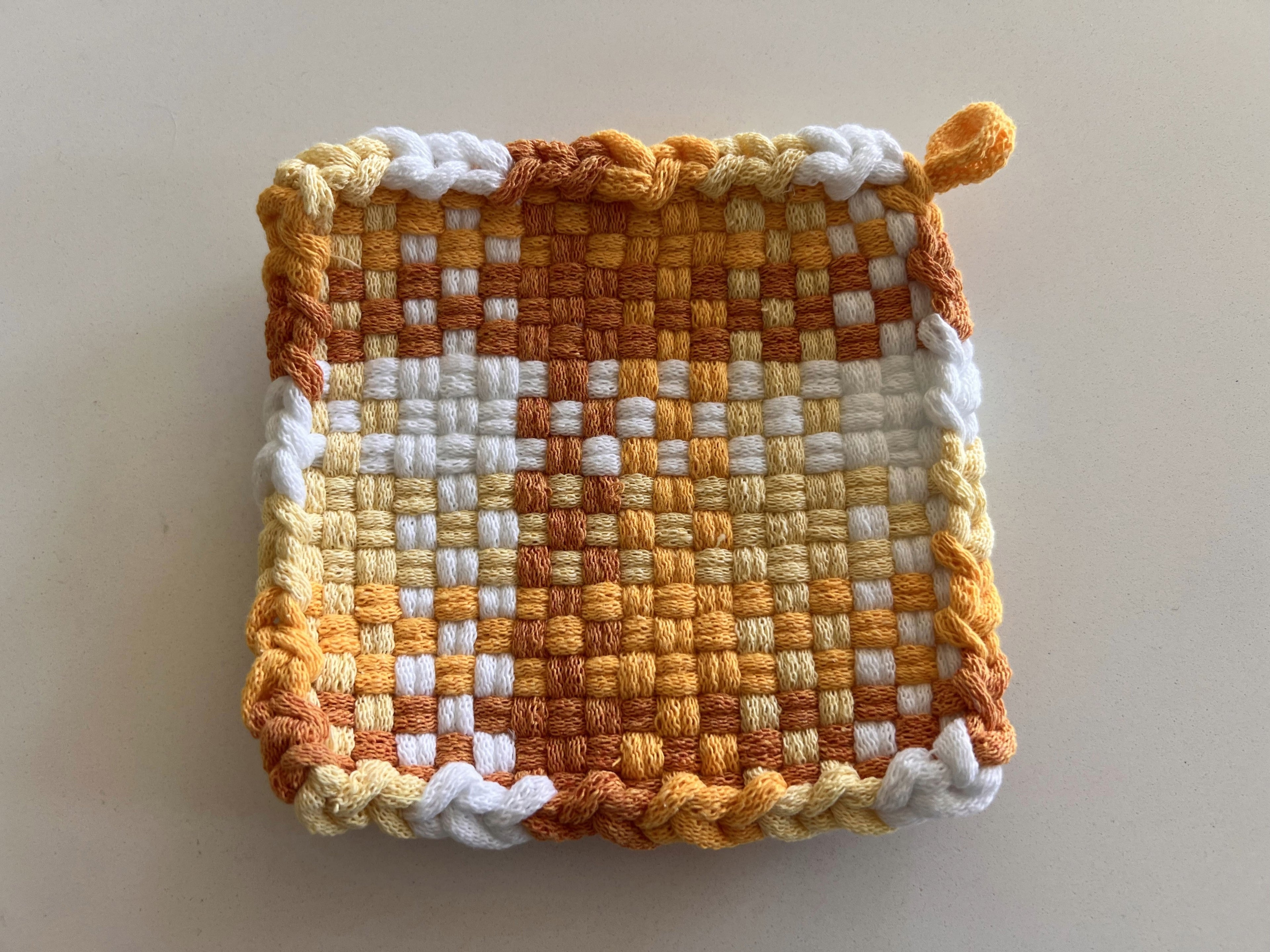 Handmade Loom Potholder – Puzzle Pattern in Orange, Yellow & White