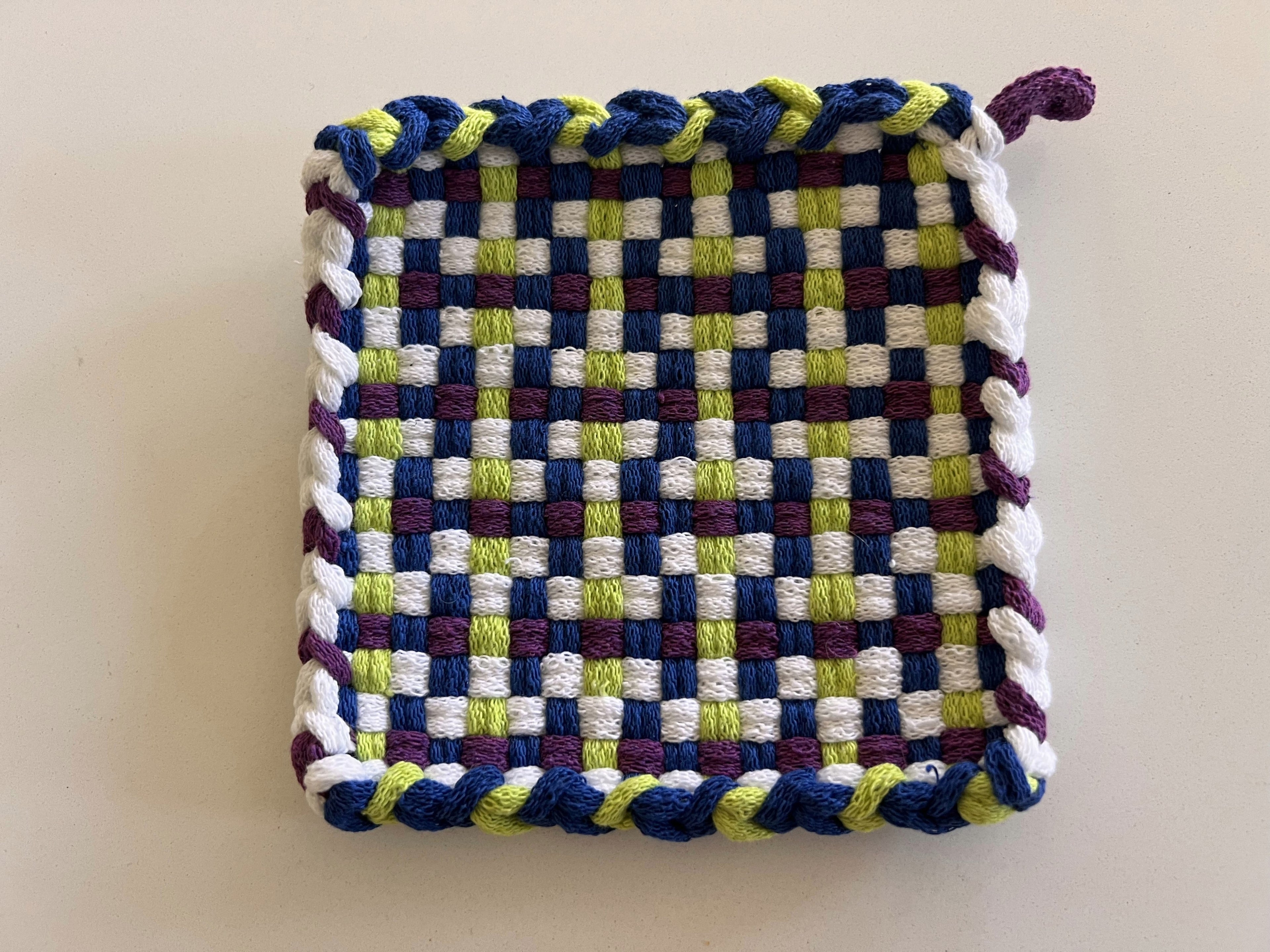 Handmade Loom Potholder – White with Navy, Lime Green & Purple