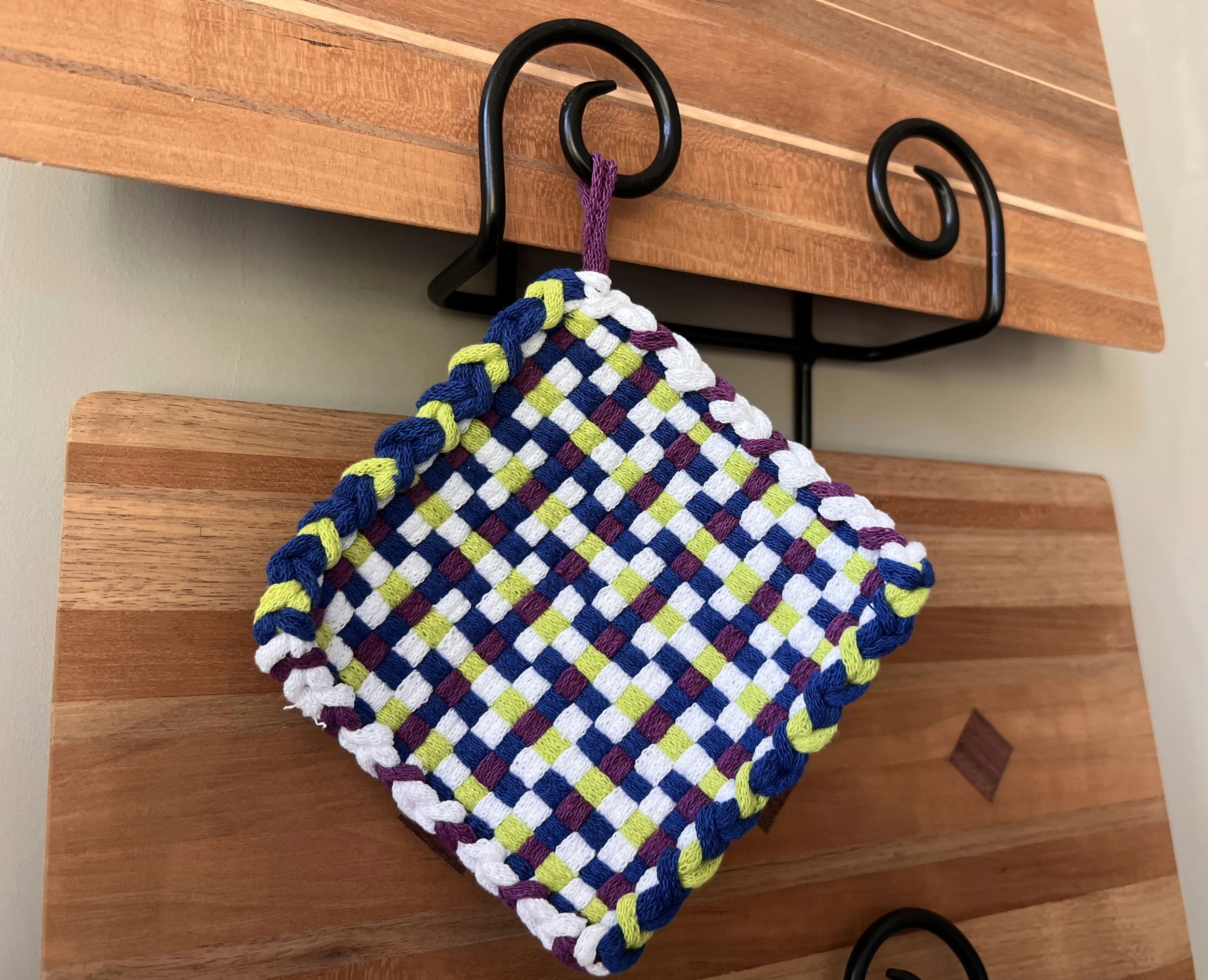 Handmade Loom Potholder – White with Navy, Lime Green & Purple