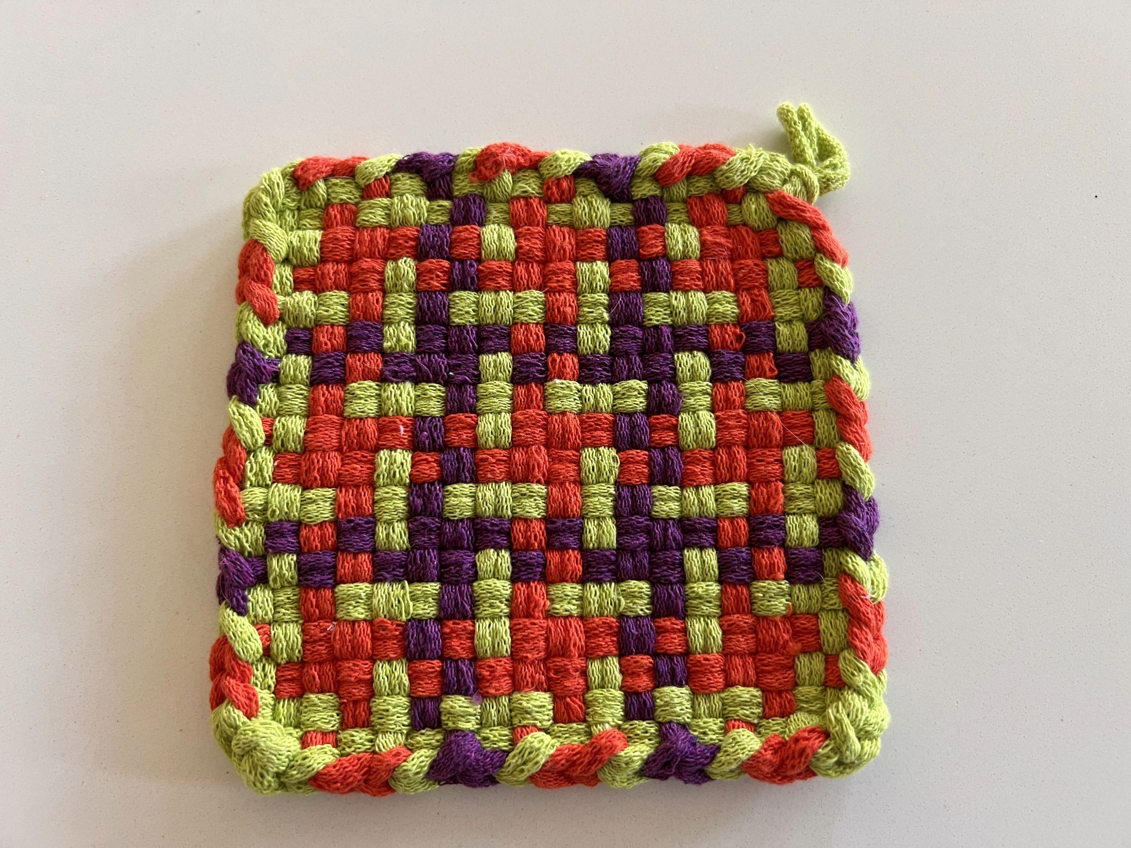 Handmade Loom Potholder – Lime Green, Orange & Purple