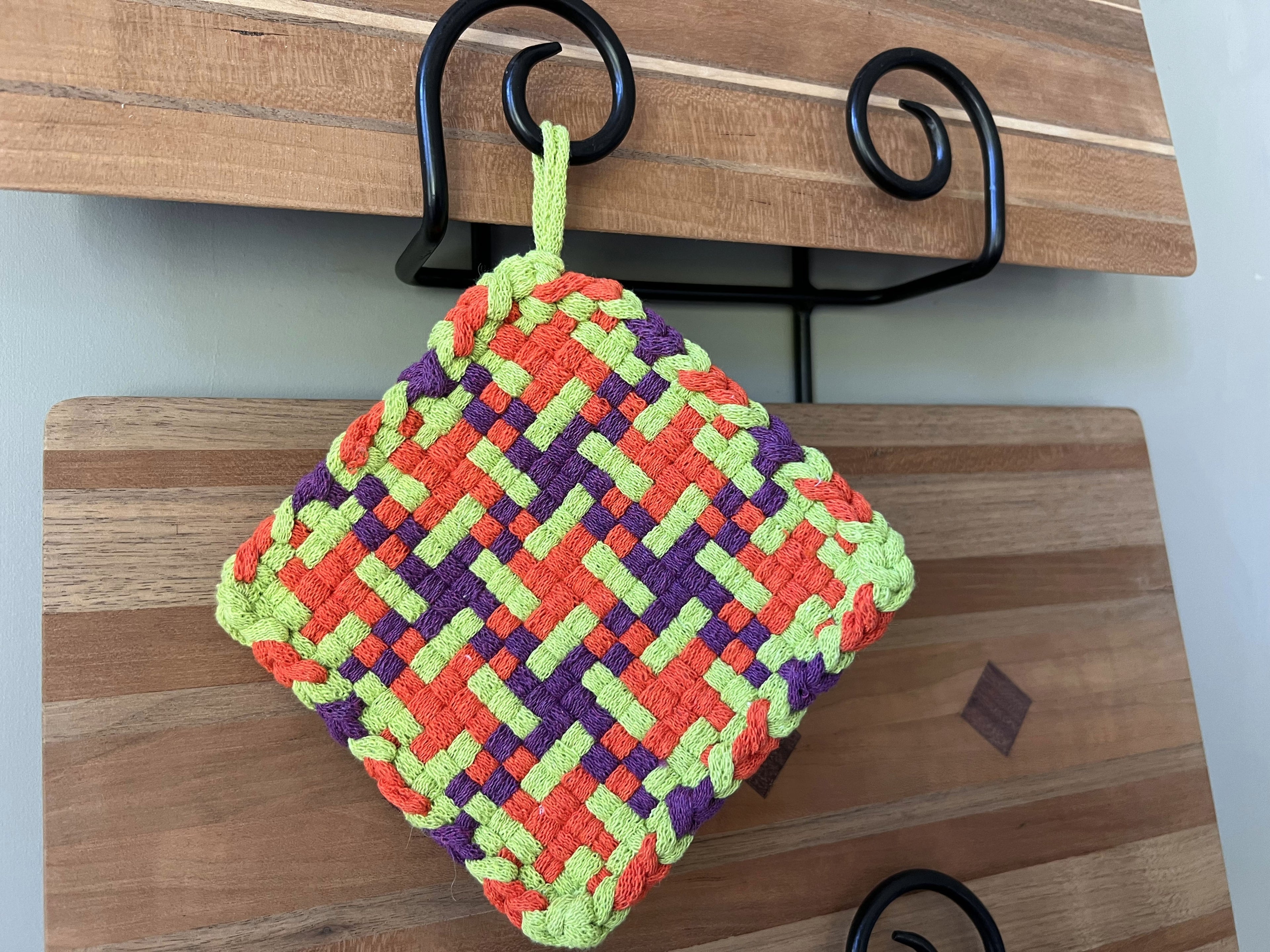 Handmade Loom Potholder – Lime Green, Orange & Purple