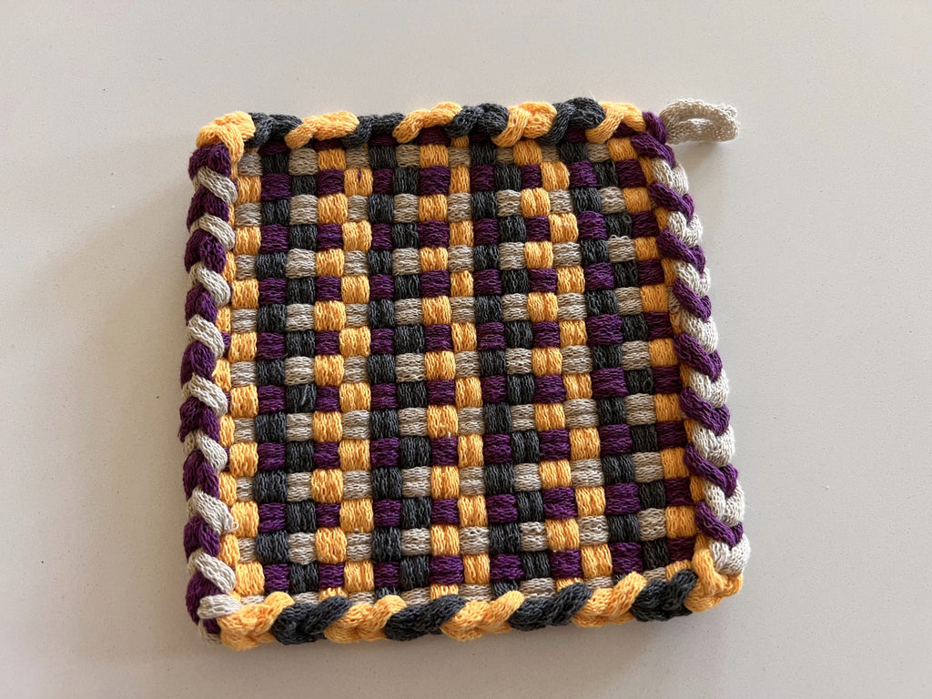 Handmade Loom Potholder – Purple & Yellow on Gray