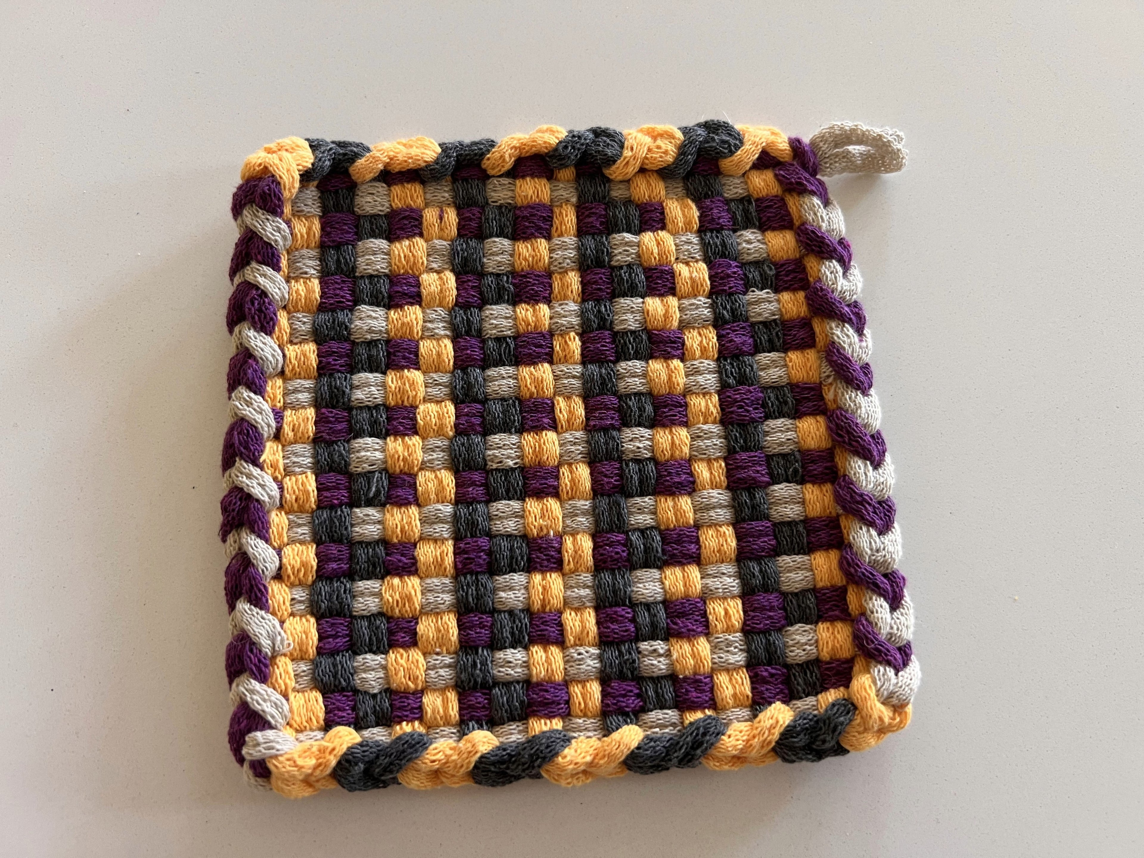 Handmade Loom Potholder – Purple & Yellow on Gray