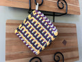 Handmade Loom Potholder – Purple & Yellow on Gray