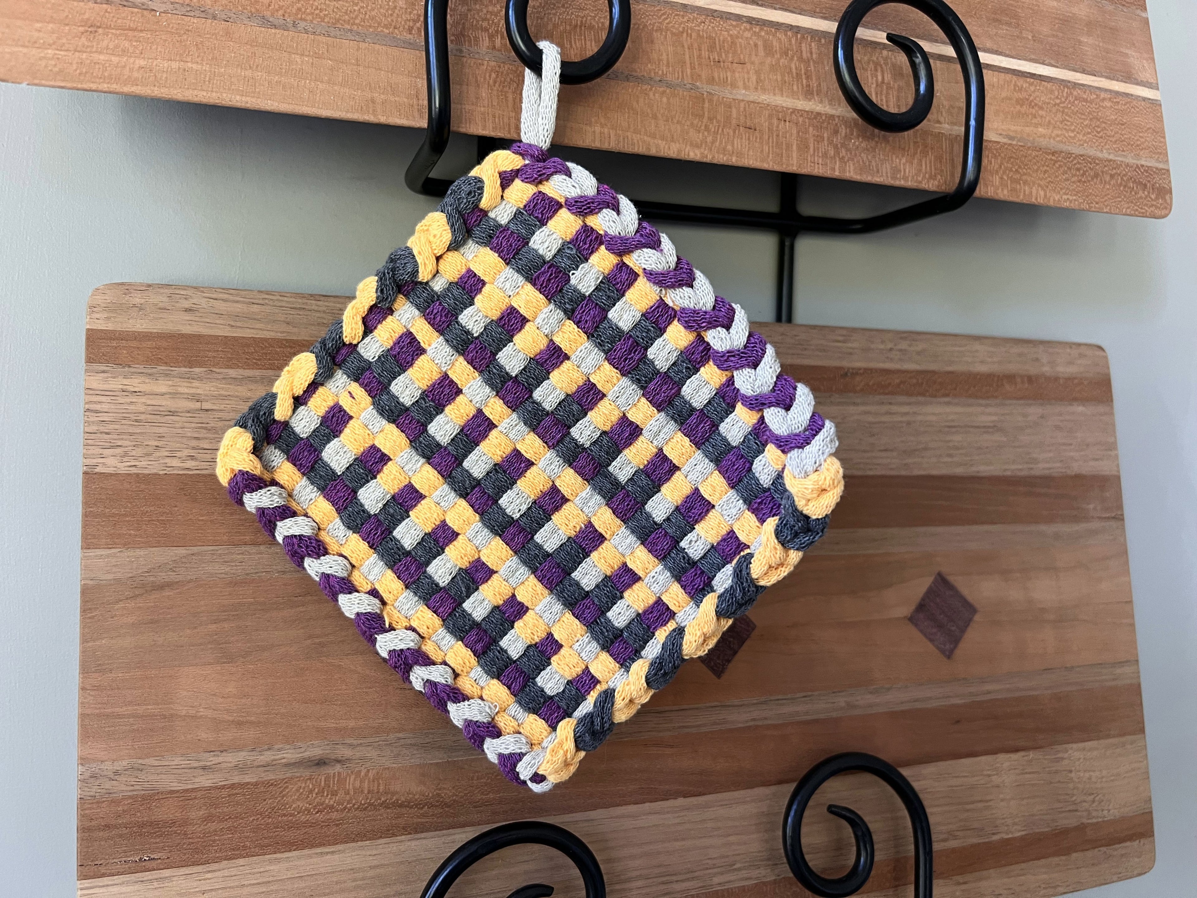 Handmade Loom Potholder – Purple & Yellow on Gray