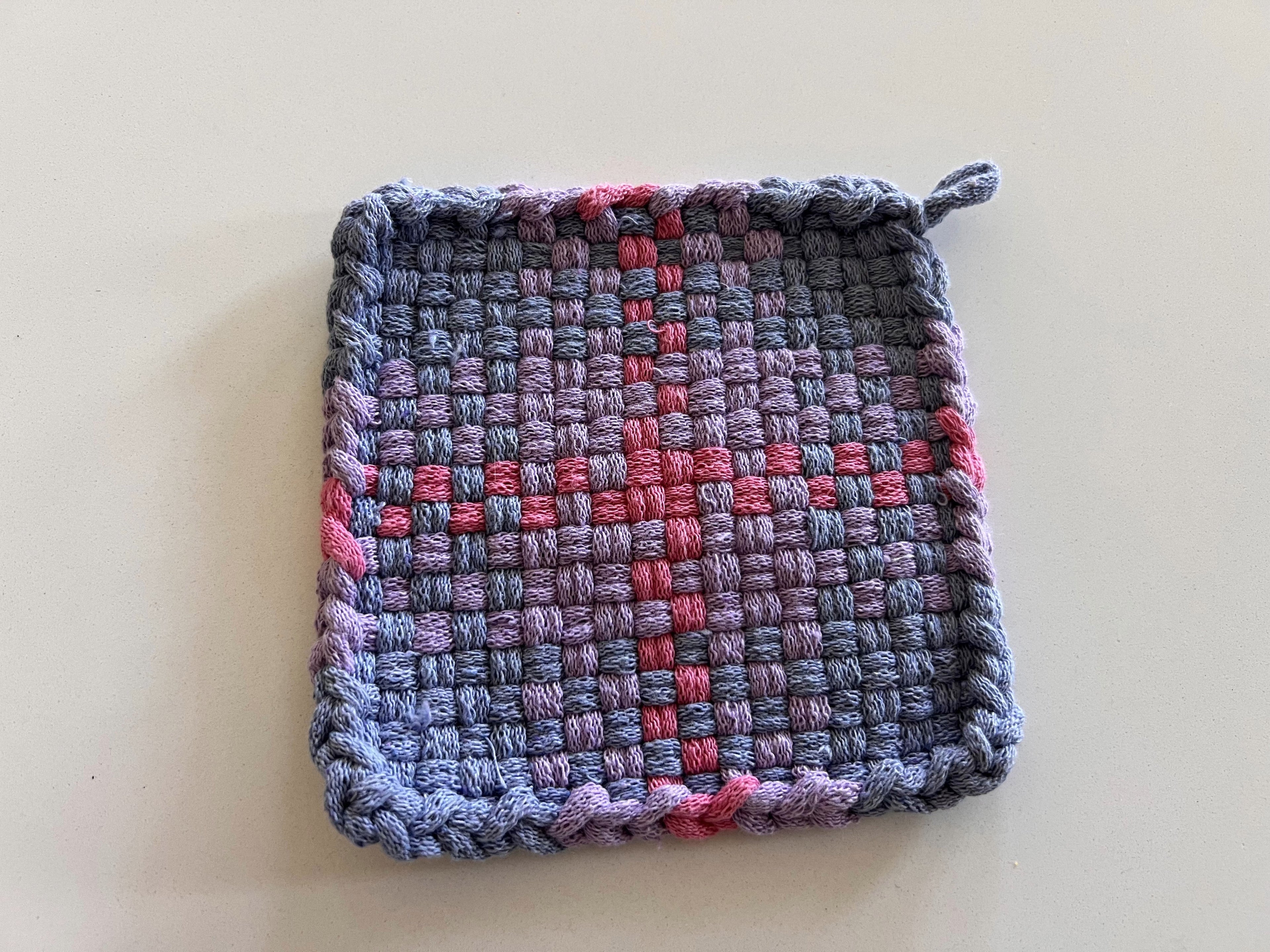 Handmade Loom Potholder – Soft Purple & Blue with Pink Accents