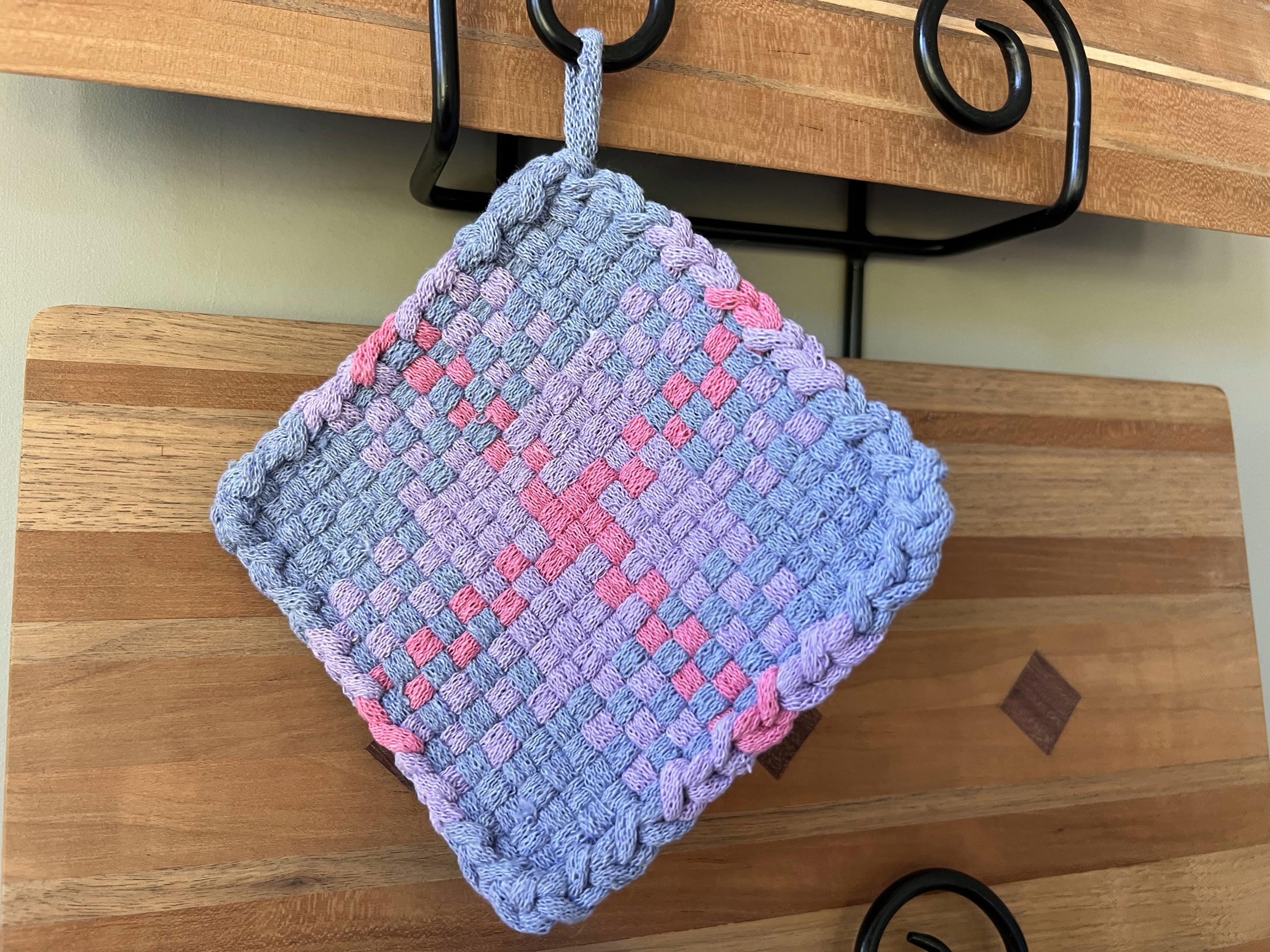 Handmade Loom Potholder – Soft Purple & Blue with Pink Accents