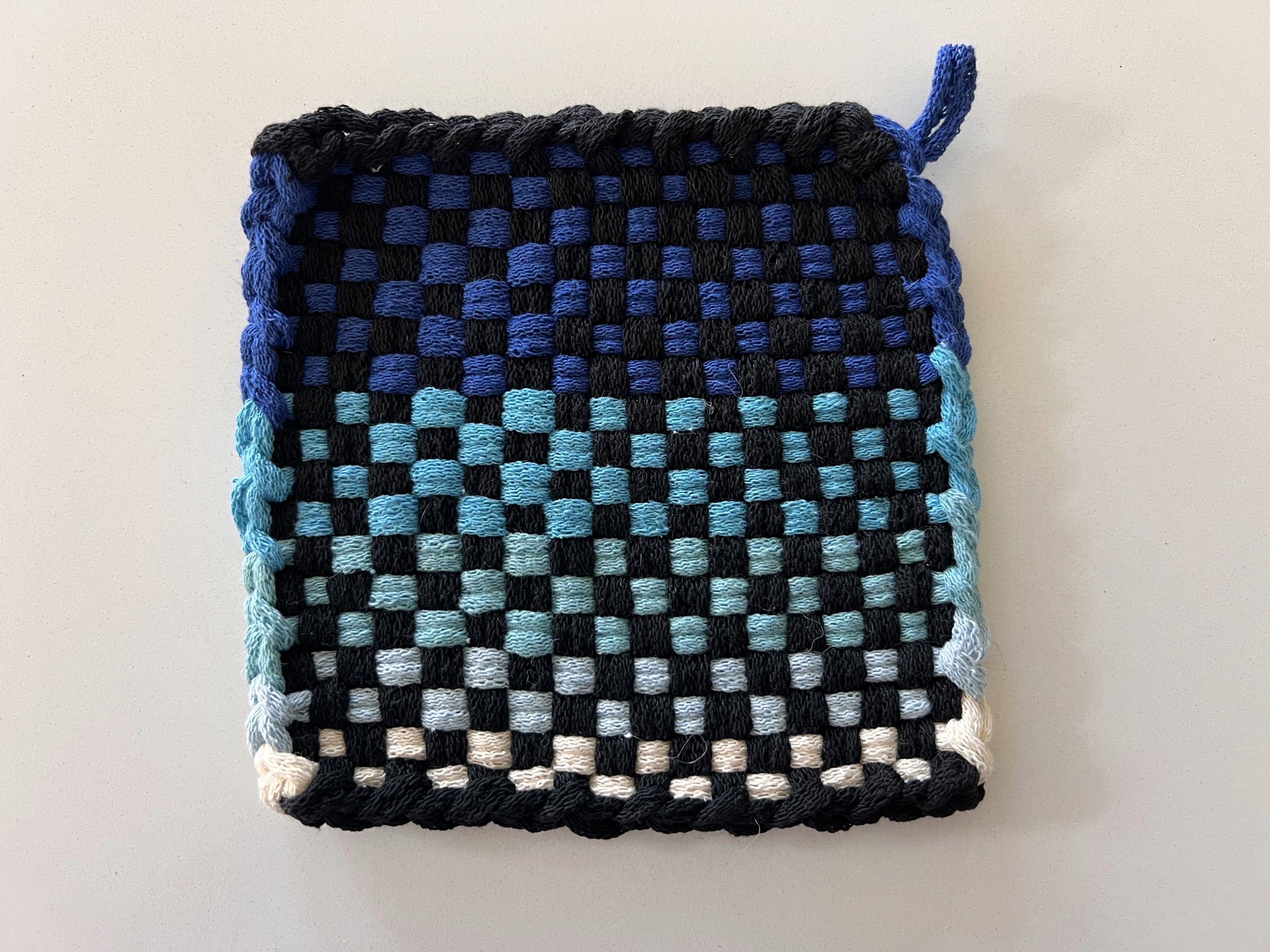Handmade Loom Potholder – Midnight Ombre: Black to Teal to White