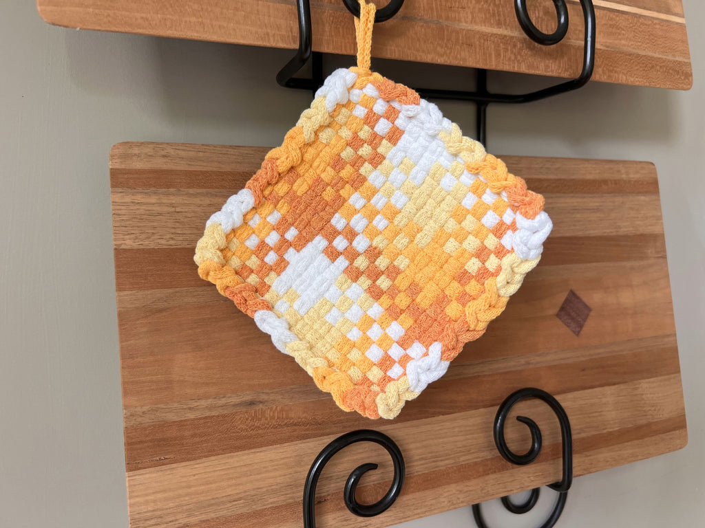 Handmade Loom Potholder – Puzzle Pattern in Orange, Yellow & White