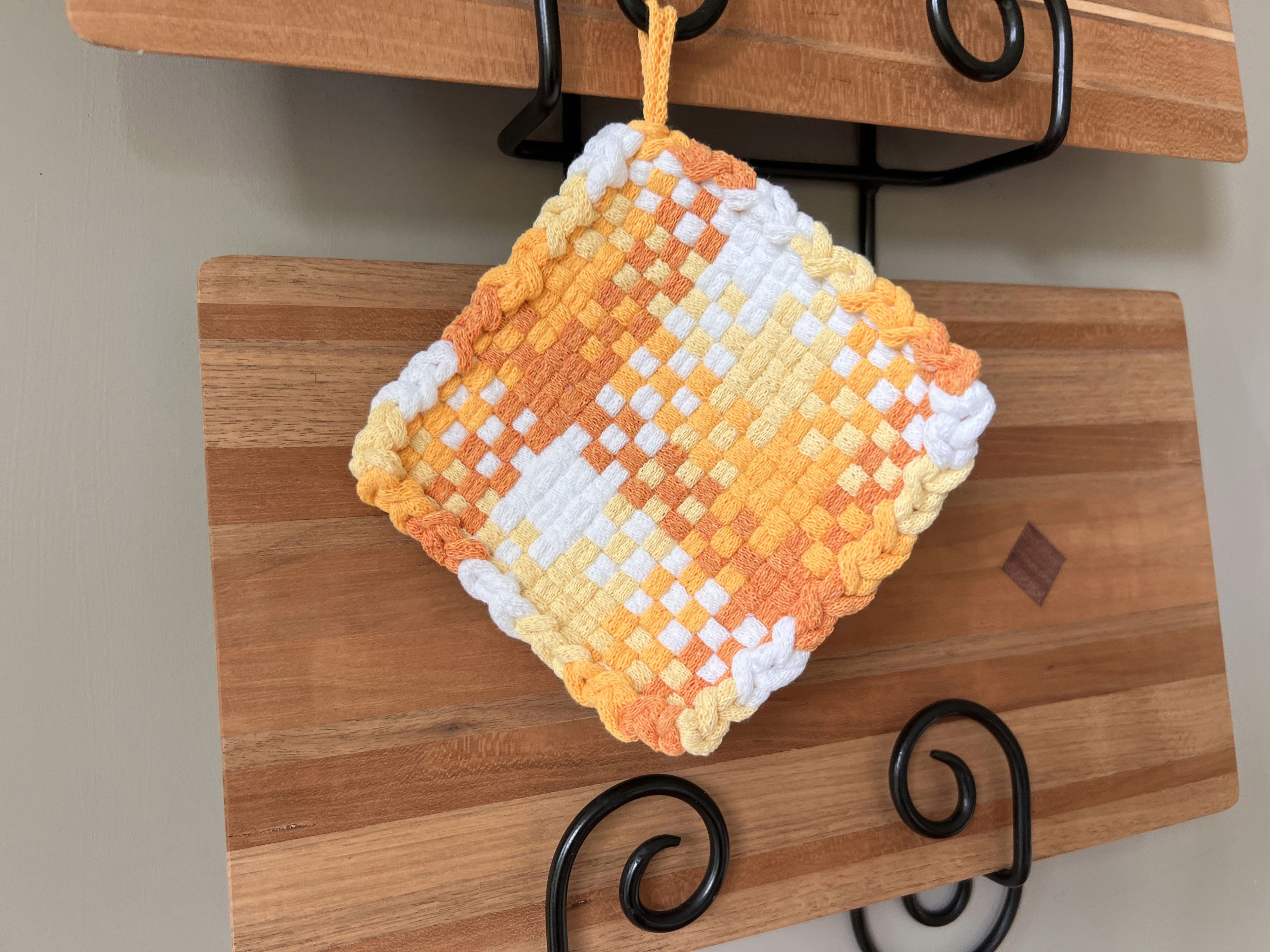 Handmade Loom Potholder – Puzzle Pattern in Orange, Yellow & White