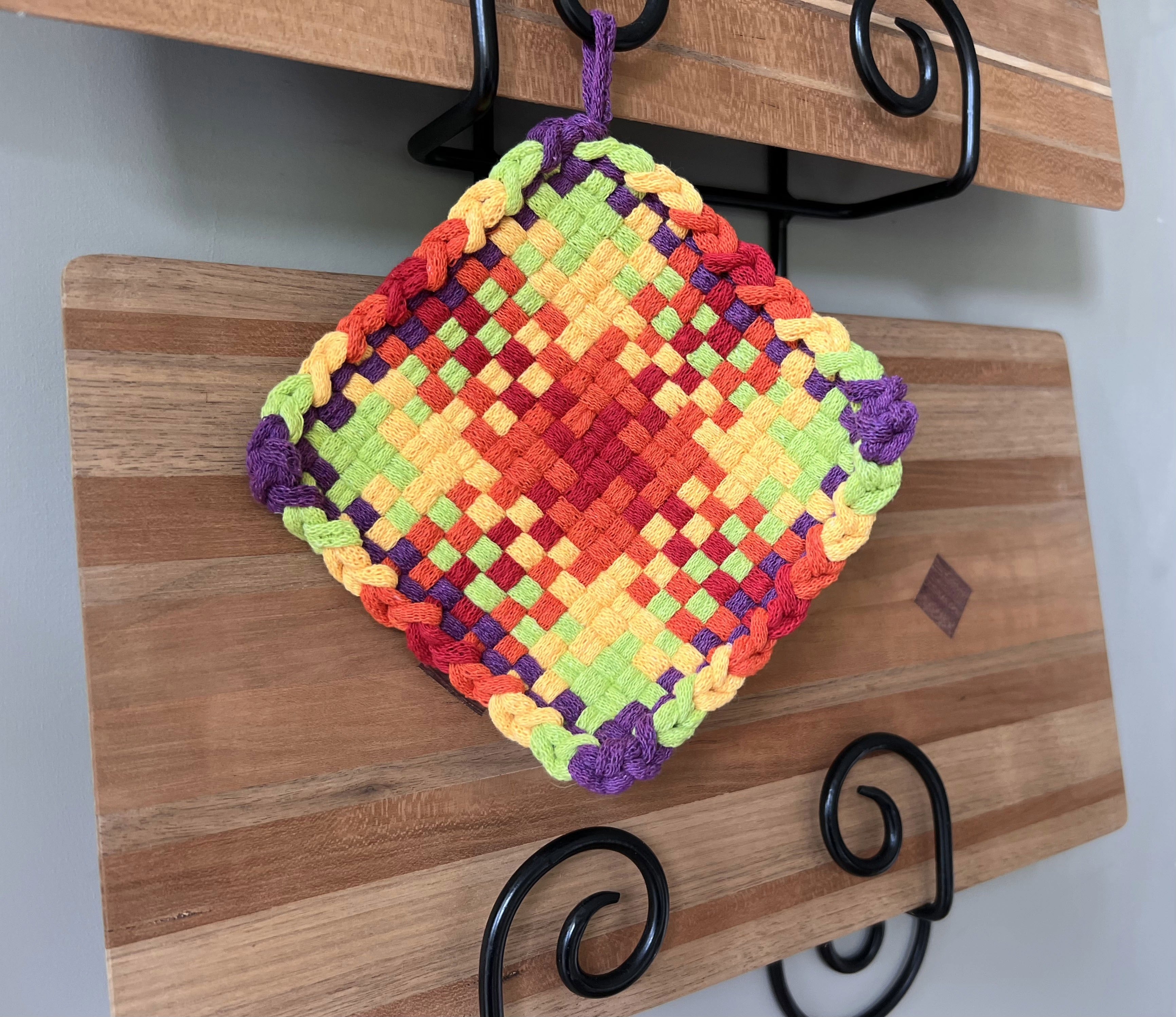 Handmade Loom Potholder – Bright Rainbow Burst
